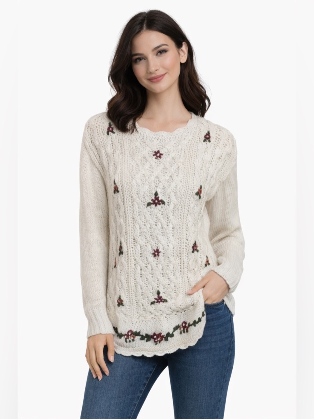 Vintage 90s Cottagecore Floral Embroidered Sweater Cream Knit Cozy Boho